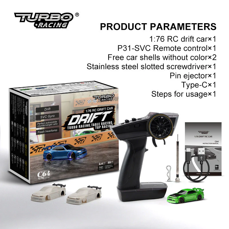 1:76 RC Drift Auto C64 für Jungen, Turbo Racing, Tischrennen, Modellauto mit SVC Gyro und LED - Image 9