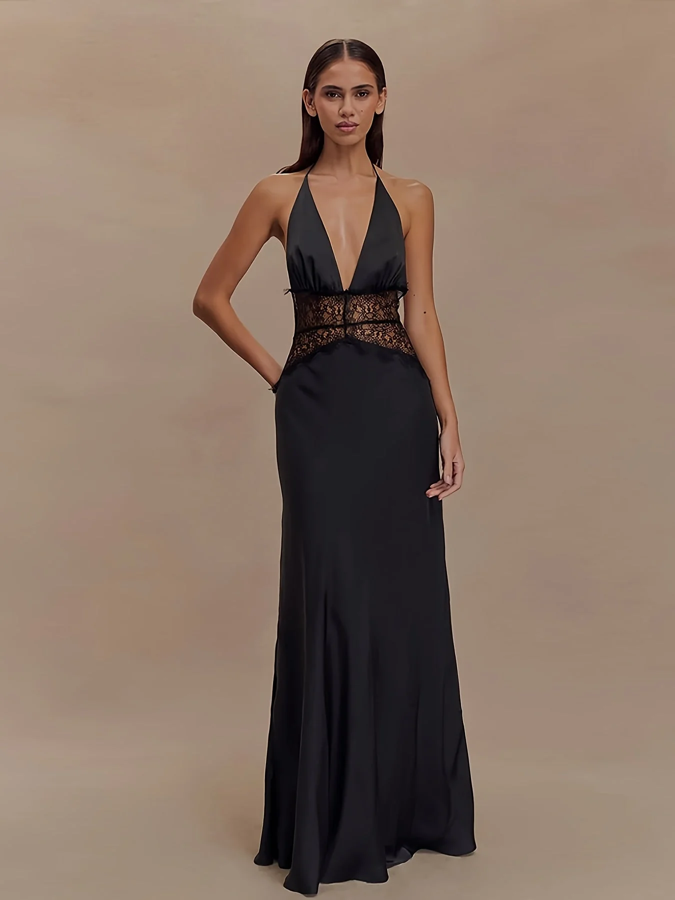 Damen Abendkleid Elegant Fit & Flare mit Spitze und tiefem V-Ausschnitt, Bodenlang für besondere Anlässe