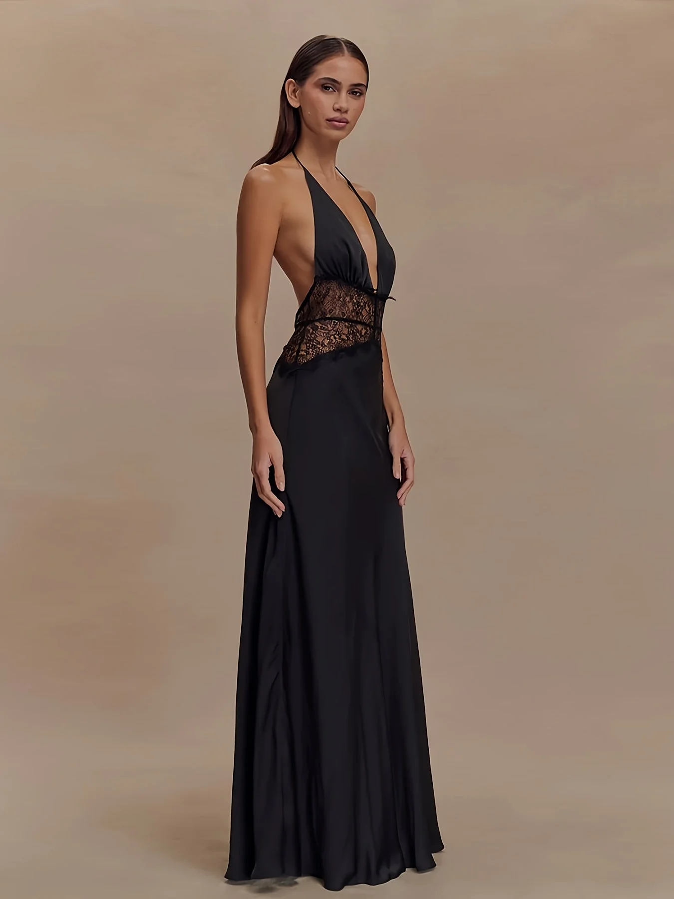 Damen Abendkleid Elegant Fit & Flare mit Spitze und tiefem V-Ausschnitt, Bodenlang für besondere Anlässe - Image 3