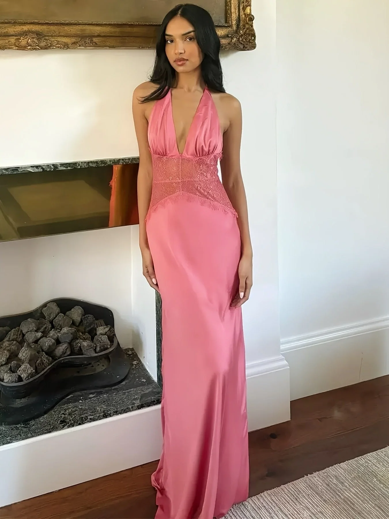 Damen Abendkleid Elegant Fit & Flare mit Spitze und tiefem V-Ausschnitt, Bodenlang für besondere Anlässe - Image 5