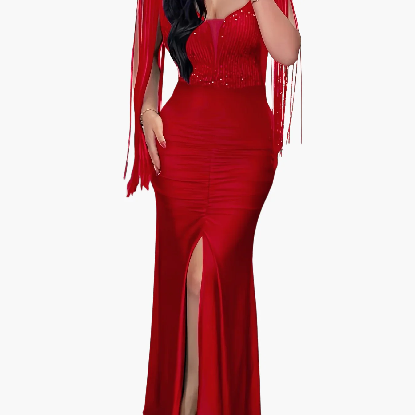 Damen Abendkleid Elegant mit Fransen und Schlitz – Bodycon Maxikleid für festliche Anlässe - Image 10