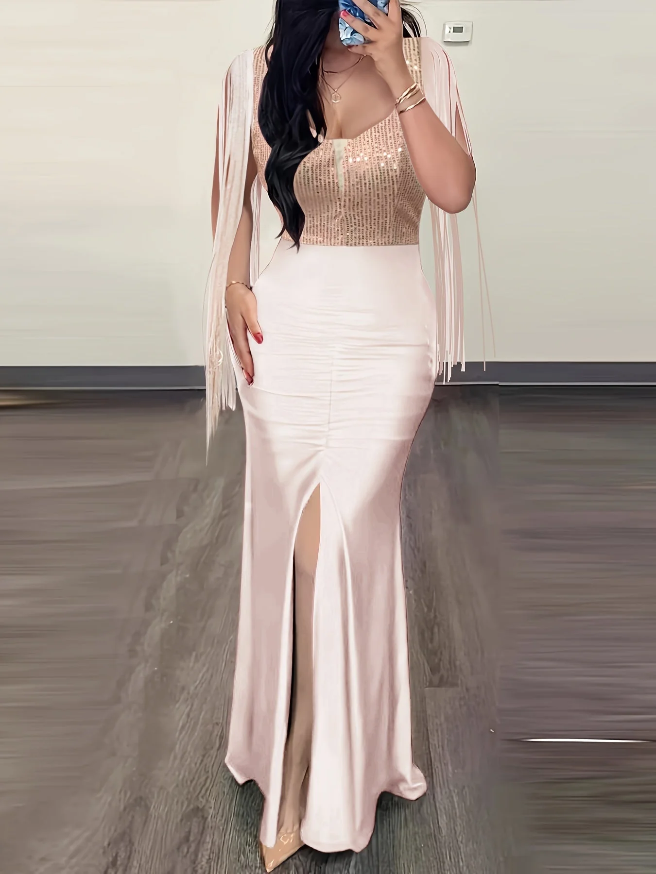 Damen Abendkleid Elegant mit Fransen und Schlitz – Bodycon Maxikleid für festliche Anlässe - Image 2