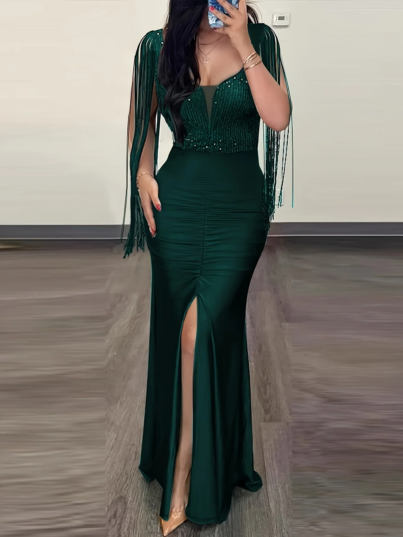 Damen Abendkleid Elegant mit Fransen und Schlitz – Bodycon Maxikleid für festliche Anlässe - Image 3