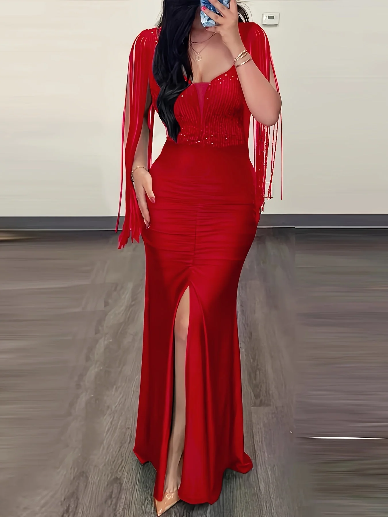 Damen Abendkleid Elegant mit Fransen und Schlitz – Bodycon Maxikleid für festliche Anlässe - Image 4