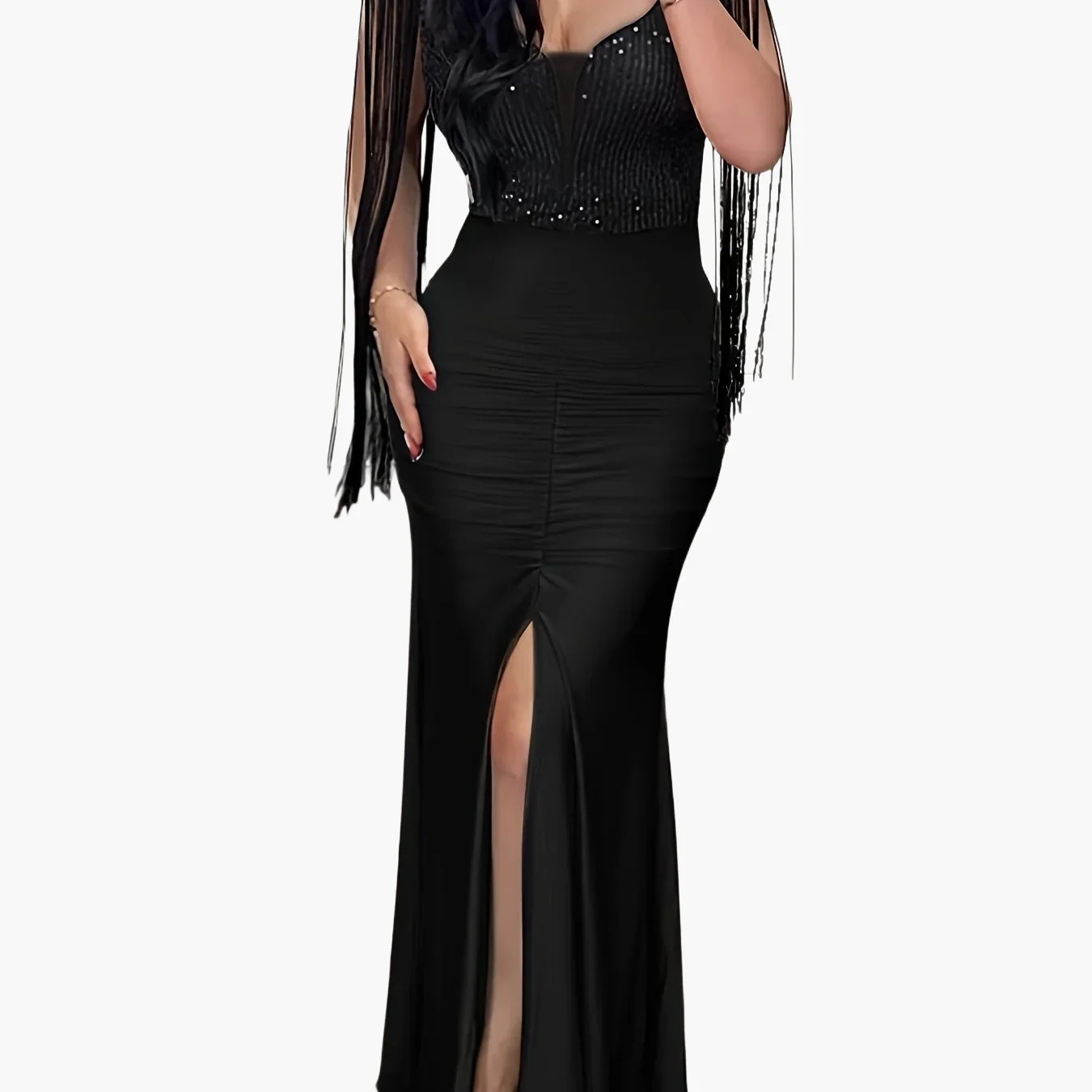 Damen Abendkleid Elegant mit Fransen und Schlitz – Bodycon Maxikleid für festliche Anlässe - Image 9