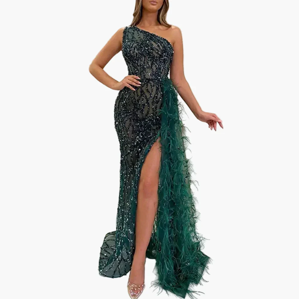 Damen Abendkleid Elegant One-Shoulder Pailletten Maxikleid mit Federn und hohem Schlitz für besondere Anlässe