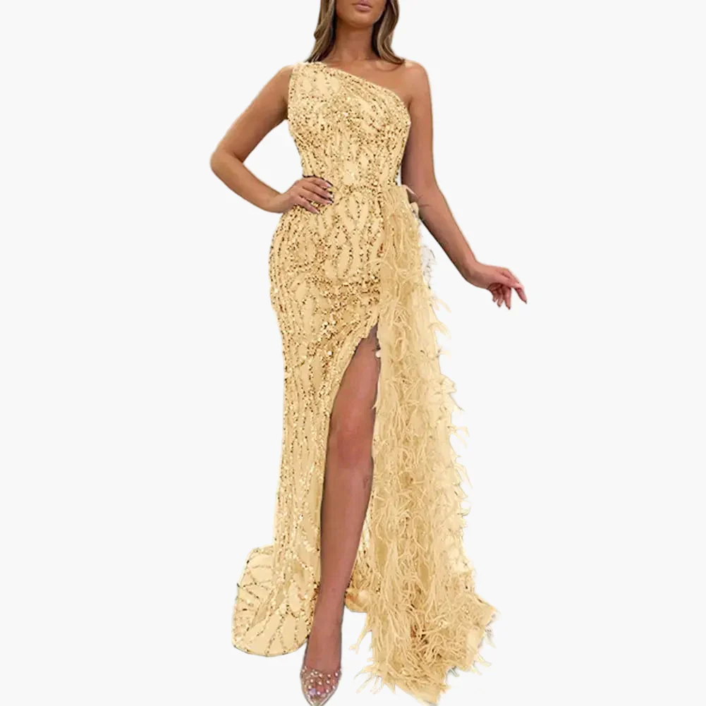 Damen Abendkleid Elegant One-Shoulder Pailletten Maxikleid mit Federn und hohem Schlitz für besondere Anlässe - Image 2