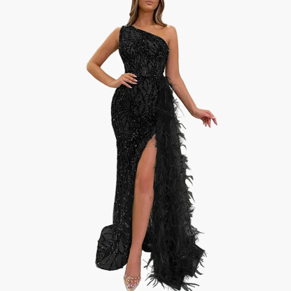 Damen Abendkleid Elegant One-Shoulder Pailletten Maxikleid mit Federn und hohem Schlitz für besondere Anlässe - Image 3