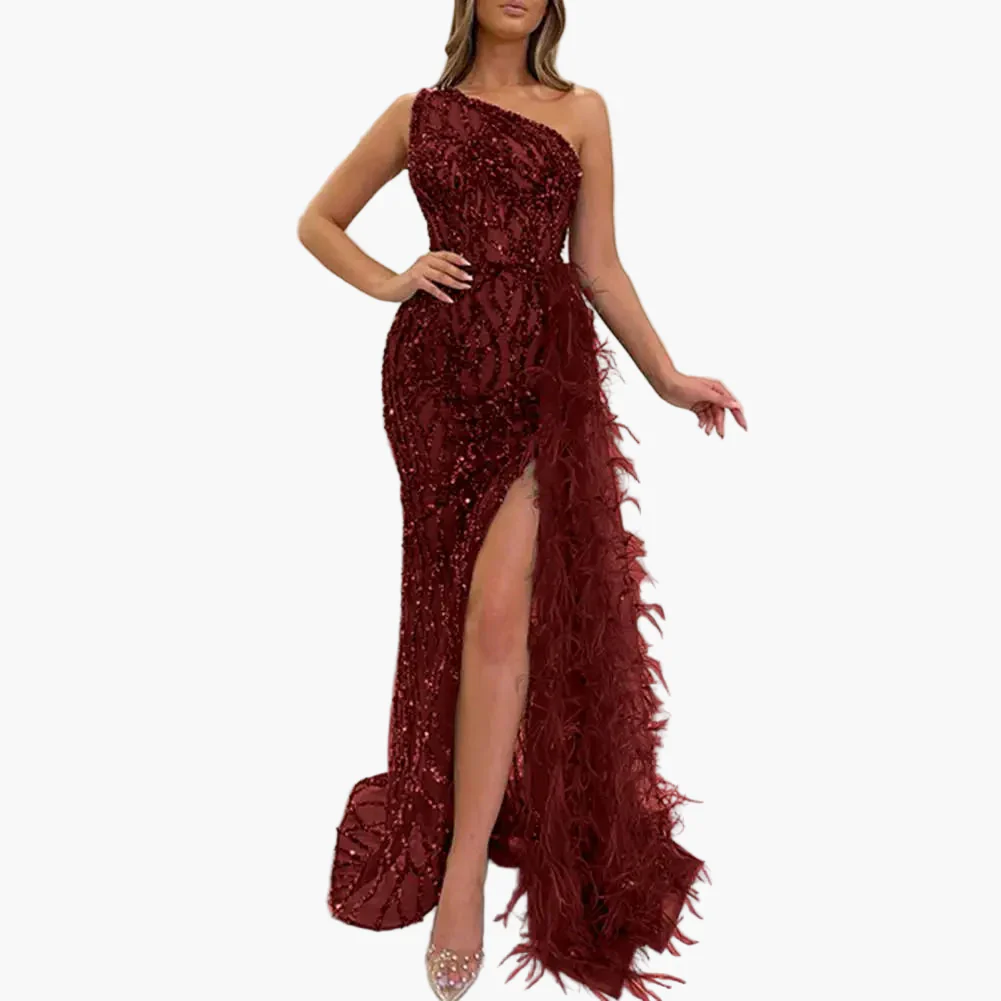 Damen Abendkleid Elegant One-Shoulder Pailletten Maxikleid mit Federn und hohem Schlitz für besondere Anlässe - Image 4