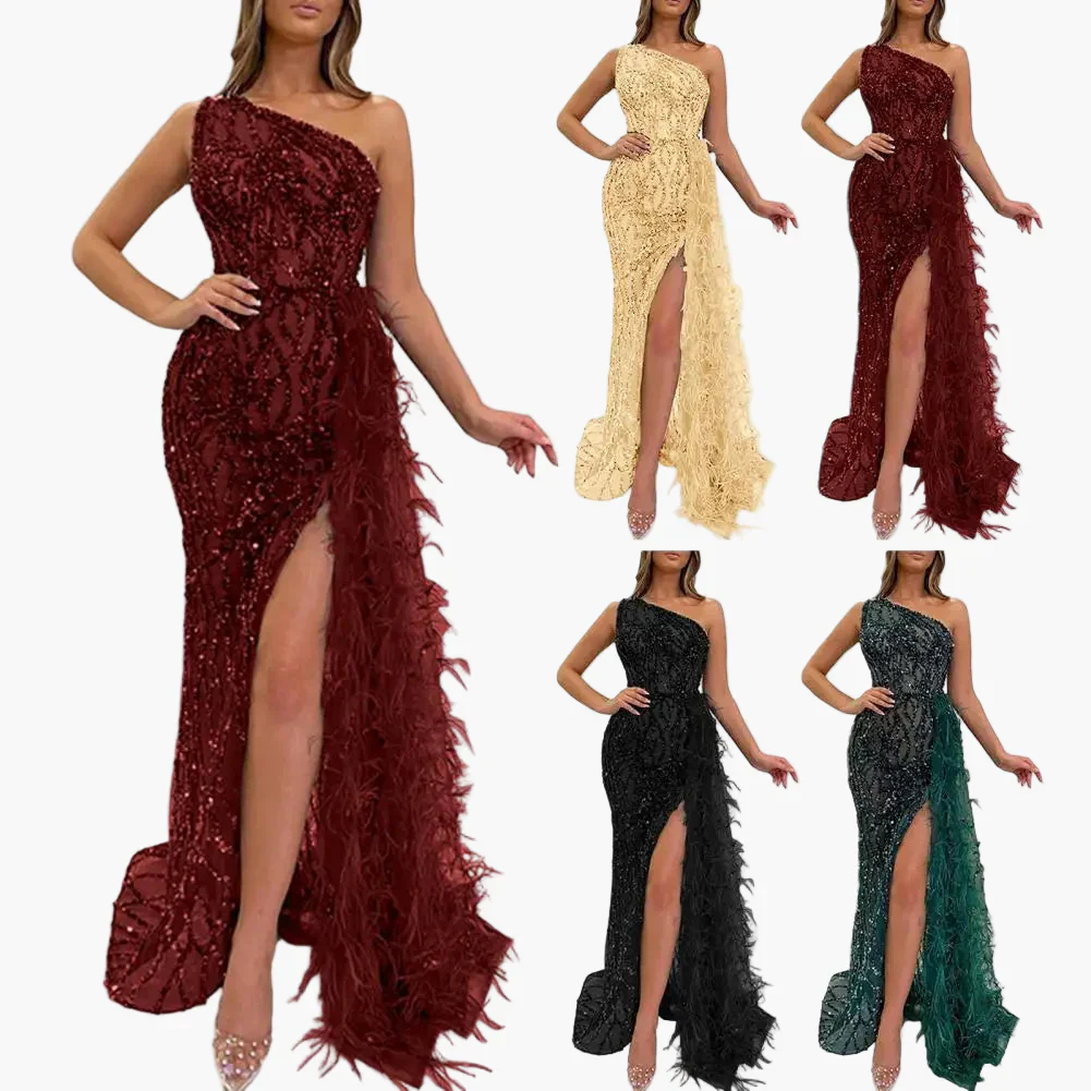 Damen Abendkleid Elegant One-Shoulder Pailletten Maxikleid mit Federn und hohem Schlitz für besondere Anlässe - Image 5