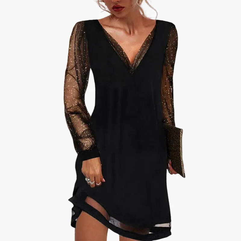 Damen Abendkleid mit Glitzerärmeln und V-Ausschnitt – Elegantes Partykleid für festliche Anlässe - Image 2