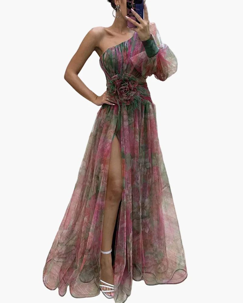 Damen Abendkleid One-Shoulder mit Puffärmel und Schlitz – Elegantes Kleid für festliche Anlässe - Image 2