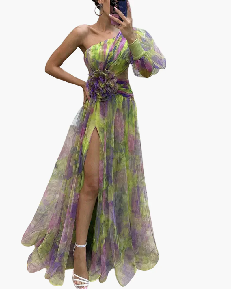 Damen Abendkleid One-Shoulder mit Puffärmel und Schlitz – Elegantes Kleid für festliche Anlässe - Image 3