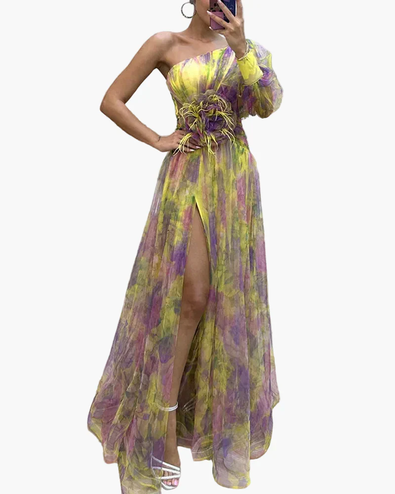 Damen Abendkleid One-Shoulder mit Puffärmel und Schlitz – Elegantes Kleid für festliche Anlässe - Image 4