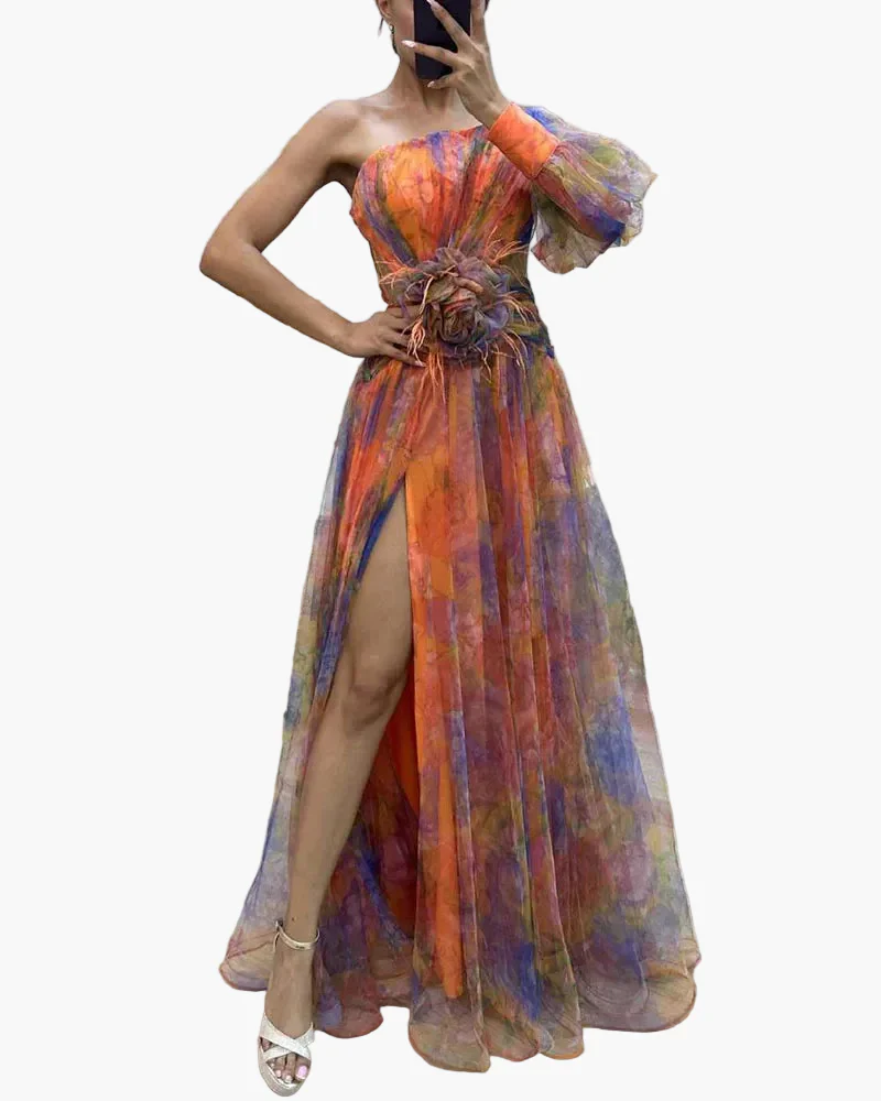 Damen Abendkleid One-Shoulder mit Puffärmel und Schlitz – Elegantes Kleid für festliche Anlässe - Image 5