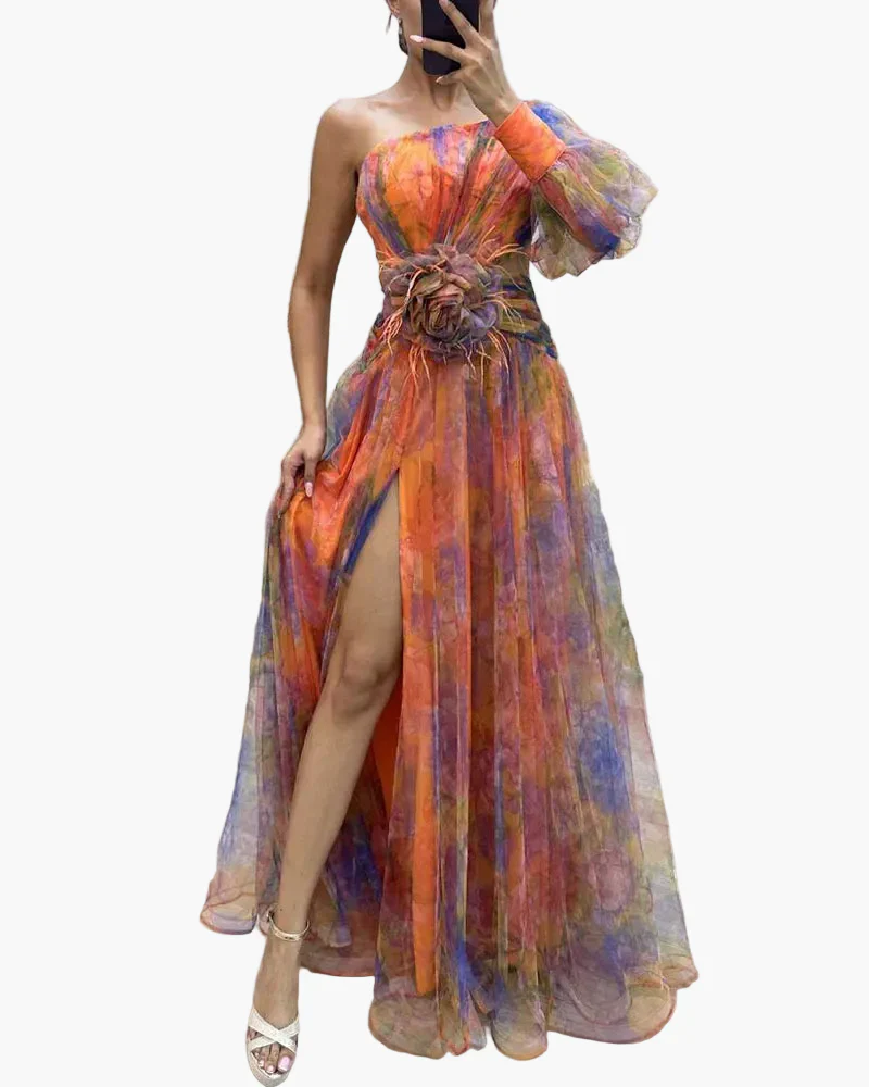 Damen Abendkleid One-Shoulder mit Puffärmel und Schlitz – Elegantes Kleid für festliche Anlässe - Image 6