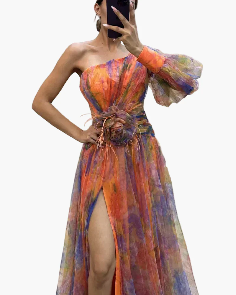 Damen Abendkleid One-Shoulder mit Puffärmel und Schlitz – Elegantes Kleid für festliche Anlässe - Image 7
