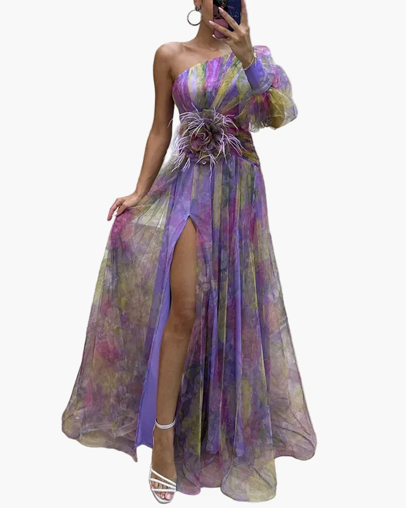 Damen Abendkleid One-Shoulder mit Puffärmel und Schlitz – Elegantes Kleid für festliche Anlässe - Image 8