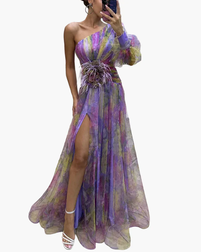 Damen Abendkleid One-Shoulder mit Puffärmel und Schlitz – Elegantes Kleid für festliche Anlässe - Image 9
