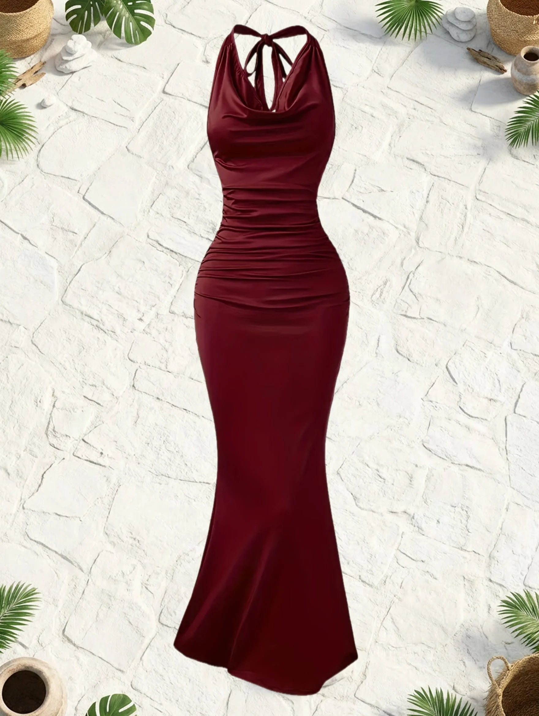 Damen Abendkleid mit Wasserfallausschnitt und Rückenbindung – Elegantes Maxikleid für festliche Anlässe