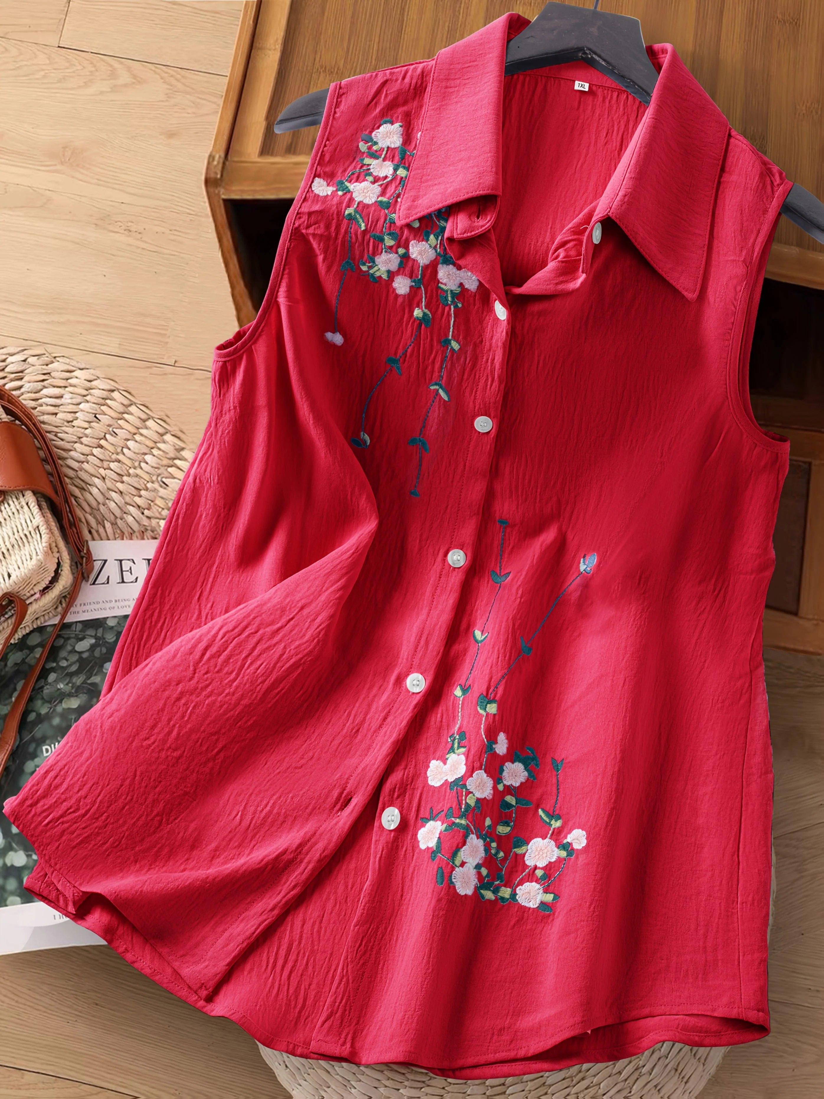 Damen ärmellose Bluse mit Blumenstickerei und Knopfleiste – Eleganter Freizeitstil - Image 4