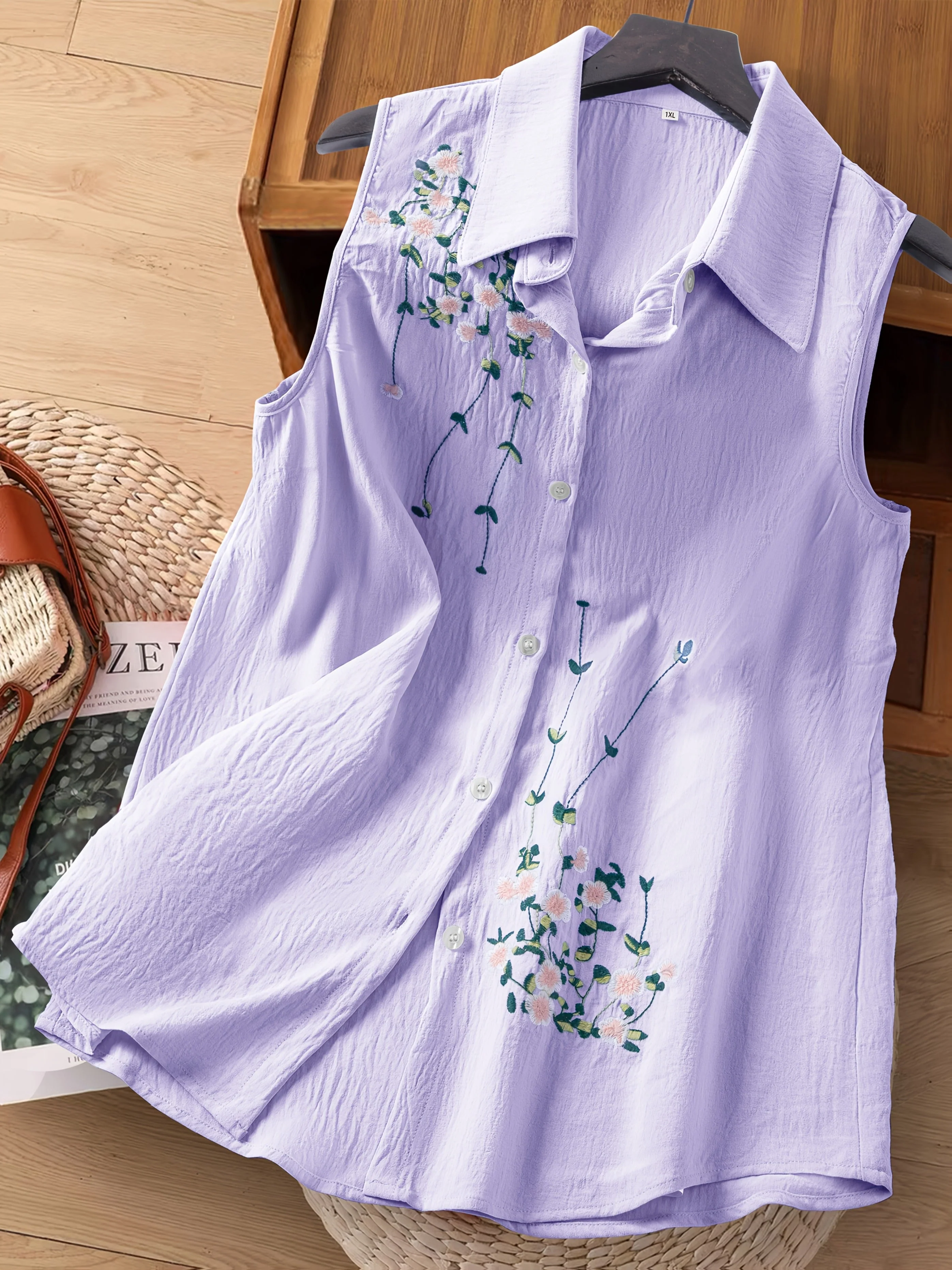 Damen ärmellose Bluse mit Blumenstickerei und Knopfleiste – Eleganter Freizeitstil - Image 7