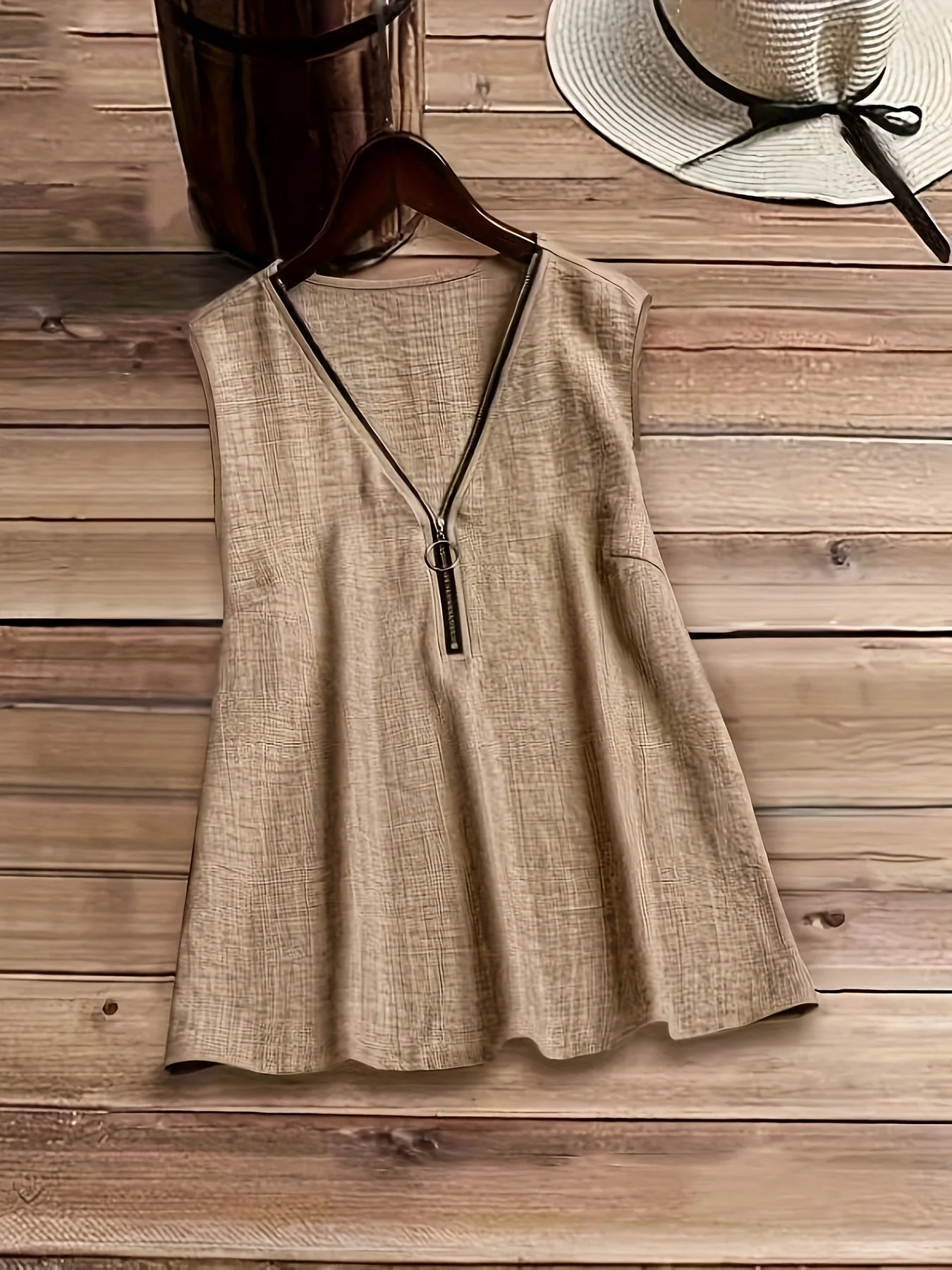 Damen ärmellose Bluse mit Reißverschluss und modernem V-Ausschnitt – Lässiger Freizeitstil