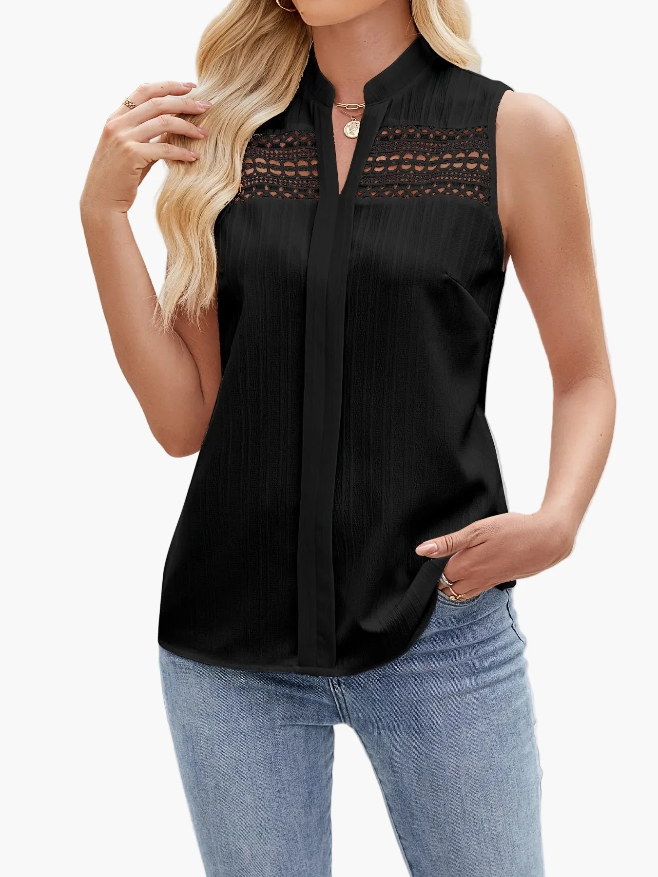Damen Ärmellose Bluse mit Spitzenbesatz und Stehkragen – Elegante Sommermode für Freizeit und Büro - Image 2