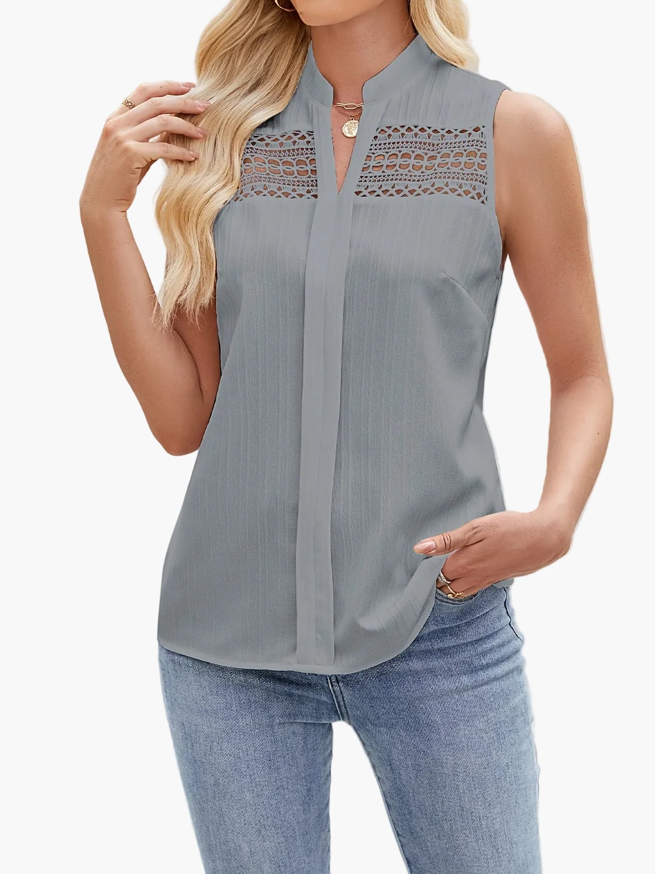 Damen Ärmellose Bluse mit Spitzenbesatz und Stehkragen – Elegante Sommermode für Freizeit und Büro - Image 4