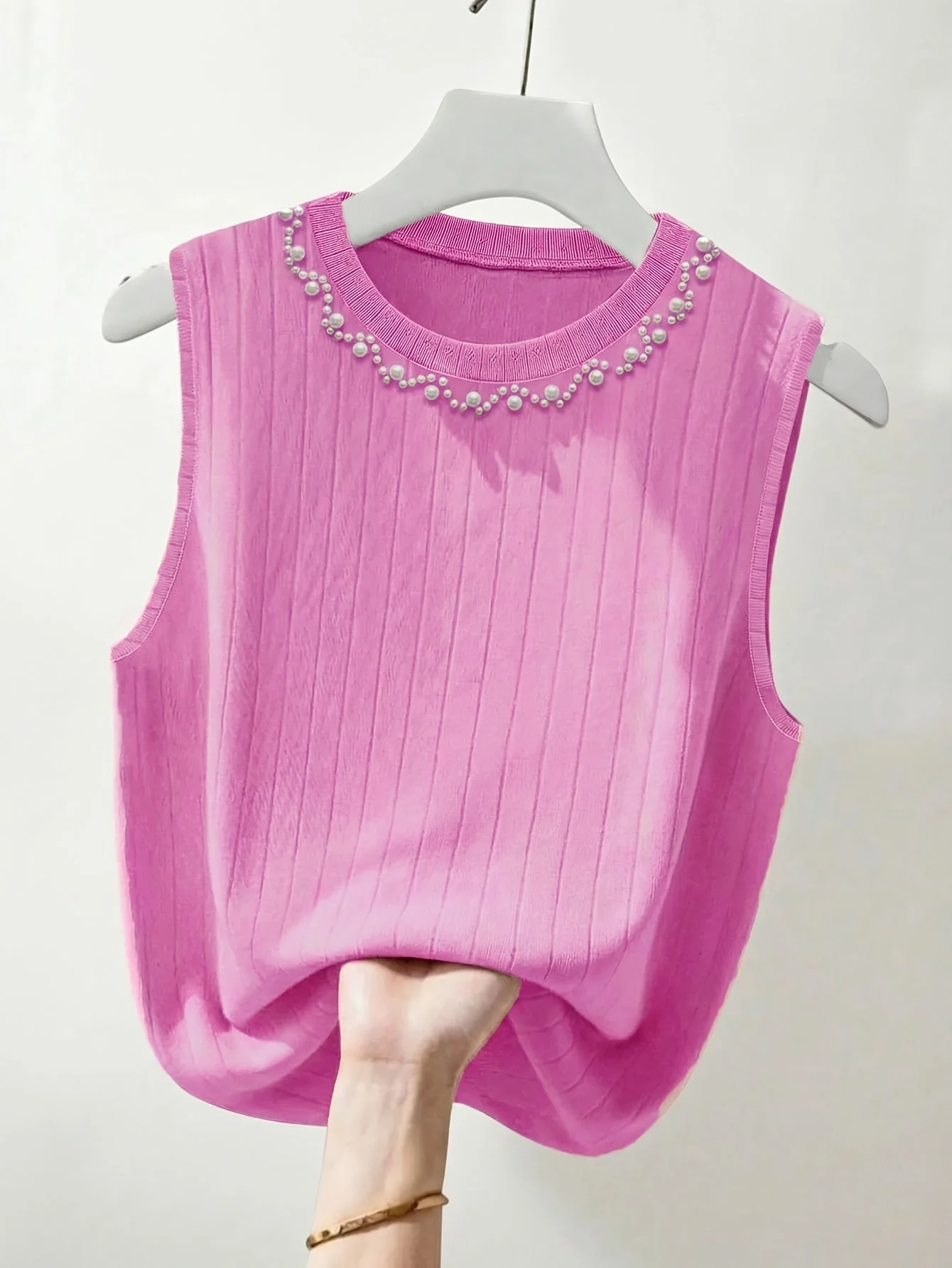 Damen ärmelloses Stricktop mit Perlenbesatz – Eleganter Freizeit-Look für Frühling und Sommer