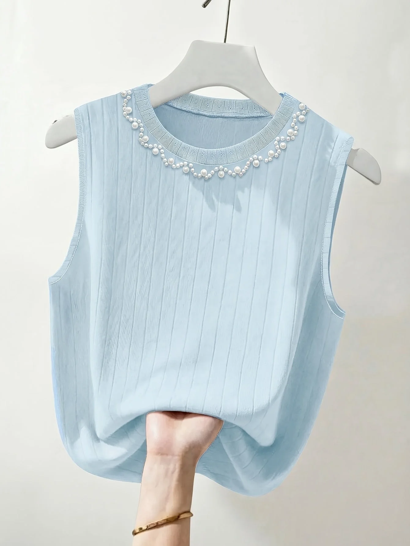 Damen ärmelloses Stricktop mit Perlenbesatz – Eleganter Freizeit-Look für Frühling und Sommer - Image 2
