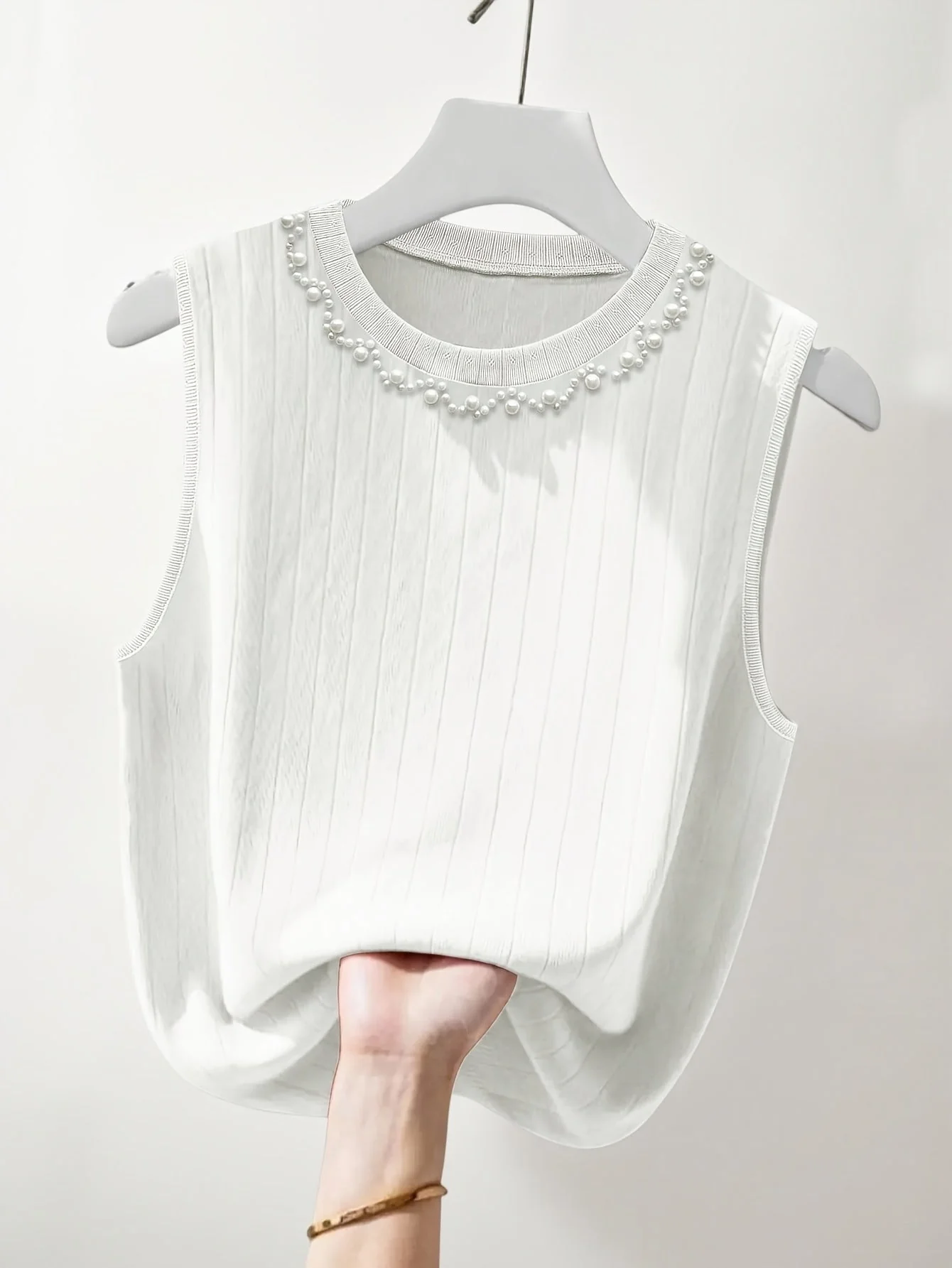Damen ärmelloses Stricktop mit Perlenbesatz – Eleganter Freizeit-Look für Frühling und Sommer - Image 3