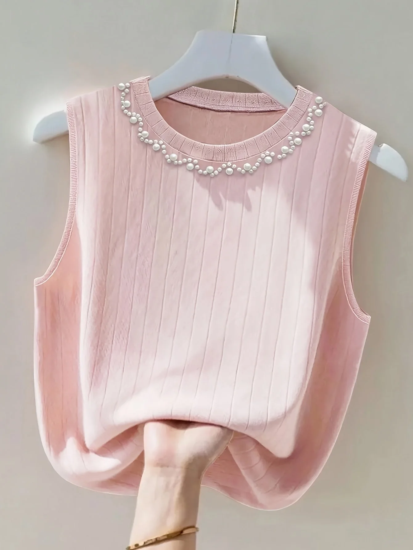 Damen ärmelloses Stricktop mit Perlenbesatz – Eleganter Freizeit-Look für Frühling und Sommer - Image 4