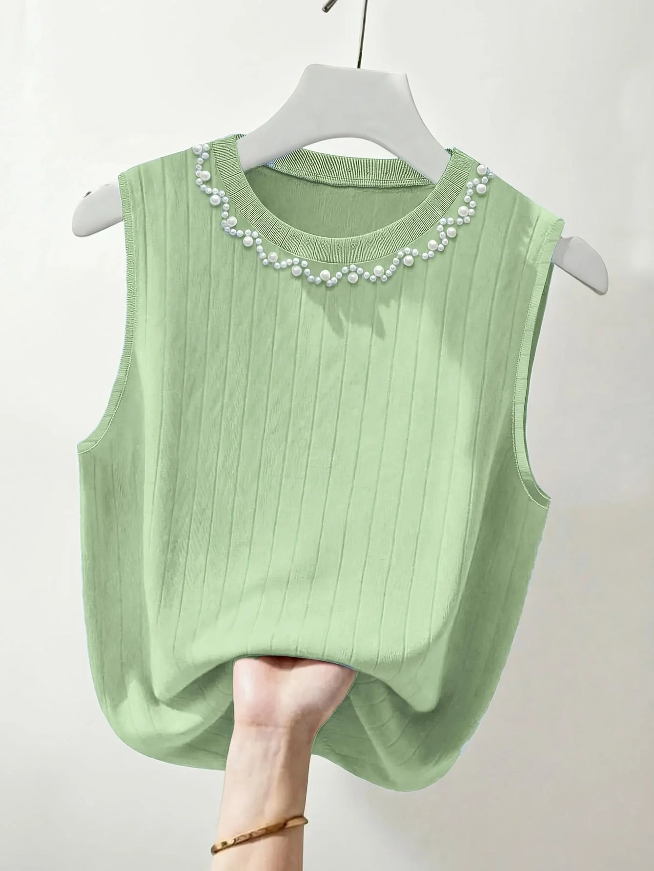 Damen ärmelloses Stricktop mit Perlenbesatz – Eleganter Freizeit-Look für Frühling und Sommer - Image 5