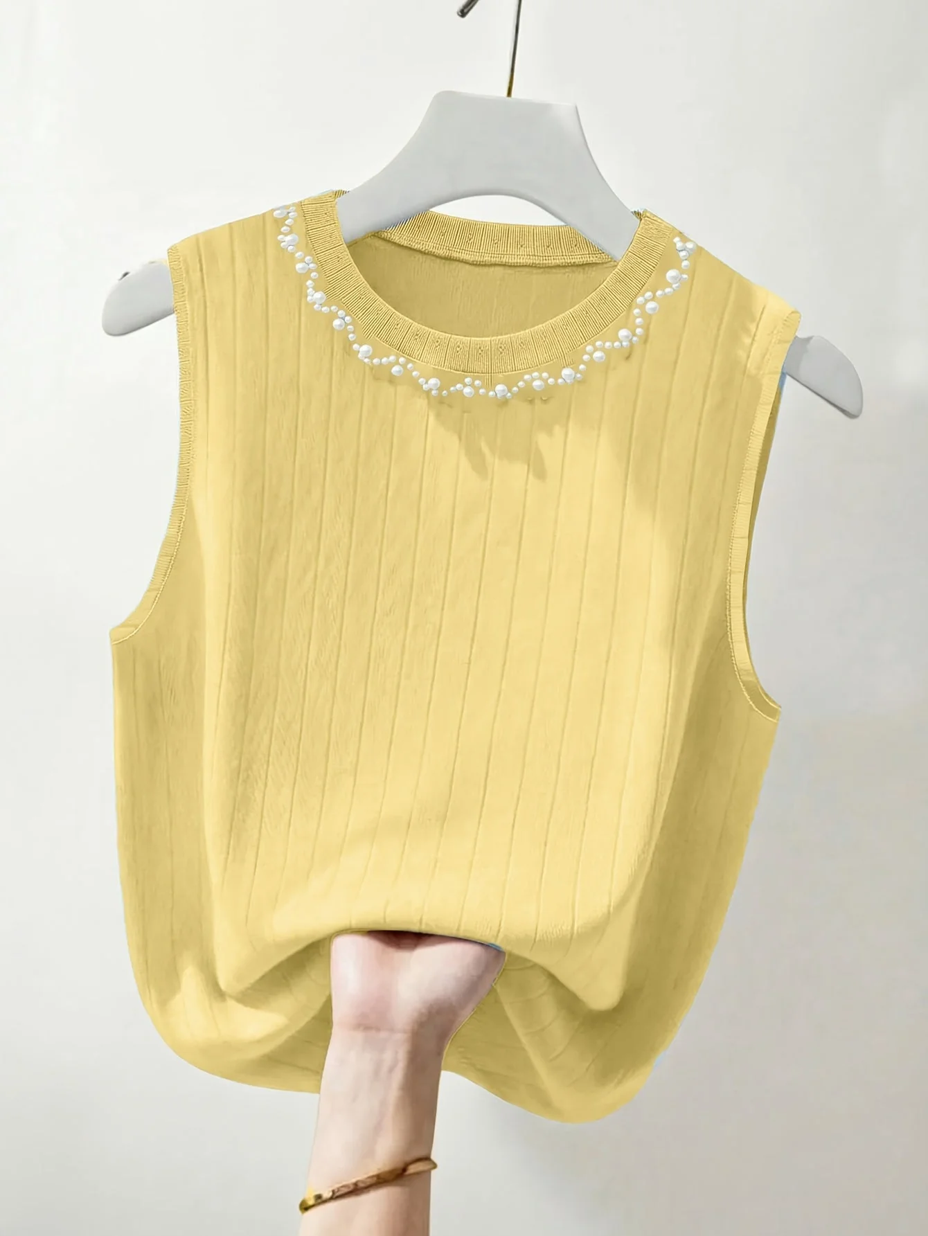 Damen ärmelloses Stricktop mit Perlenbesatz – Eleganter Freizeit-Look für Frühling und Sommer - Image 7
