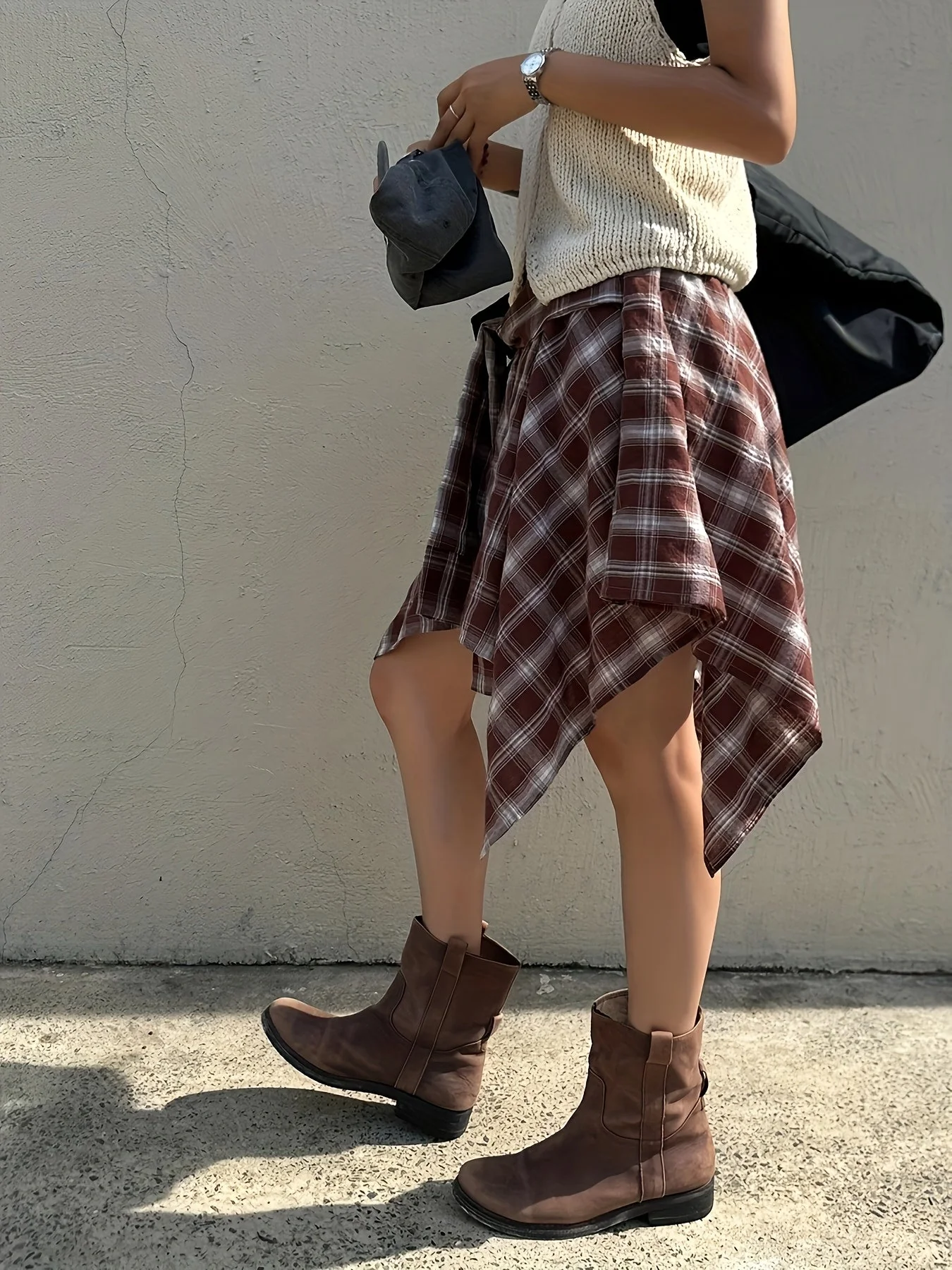 Damen Asymmetrischer Street-Style Rock mit Karo-Muster und Knotendetail – Urbaner Freizeit-Look - Image 4