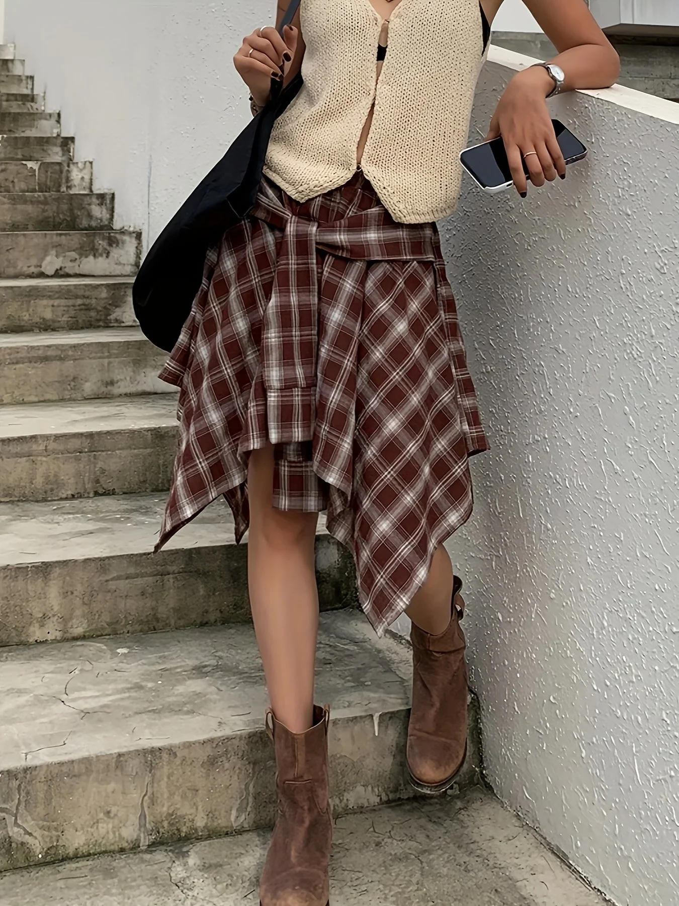 Damen Asymmetrischer Street-Style Rock mit Karo-Muster und Knotendetail – Urbaner Freizeit-Look - Image 9