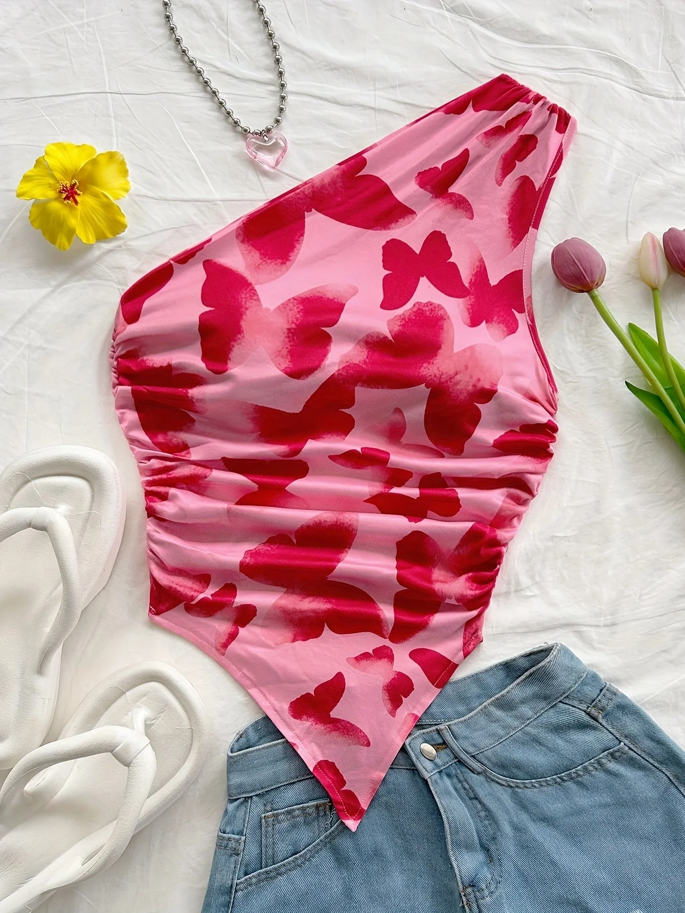 Damen Asymmetrisches Freizeit-Top mit Blumenmuster für den Sommer - Image 2