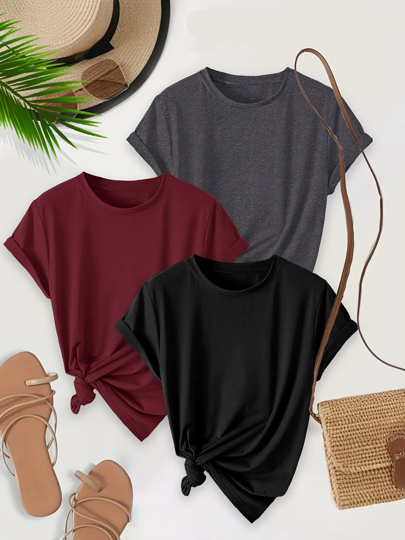 Damen Basic T-Shirt 3er-Pack – Lässige Crew-Neck Shirts mit Knoten-Detail, Kurzarm, Alltag & Freizeit