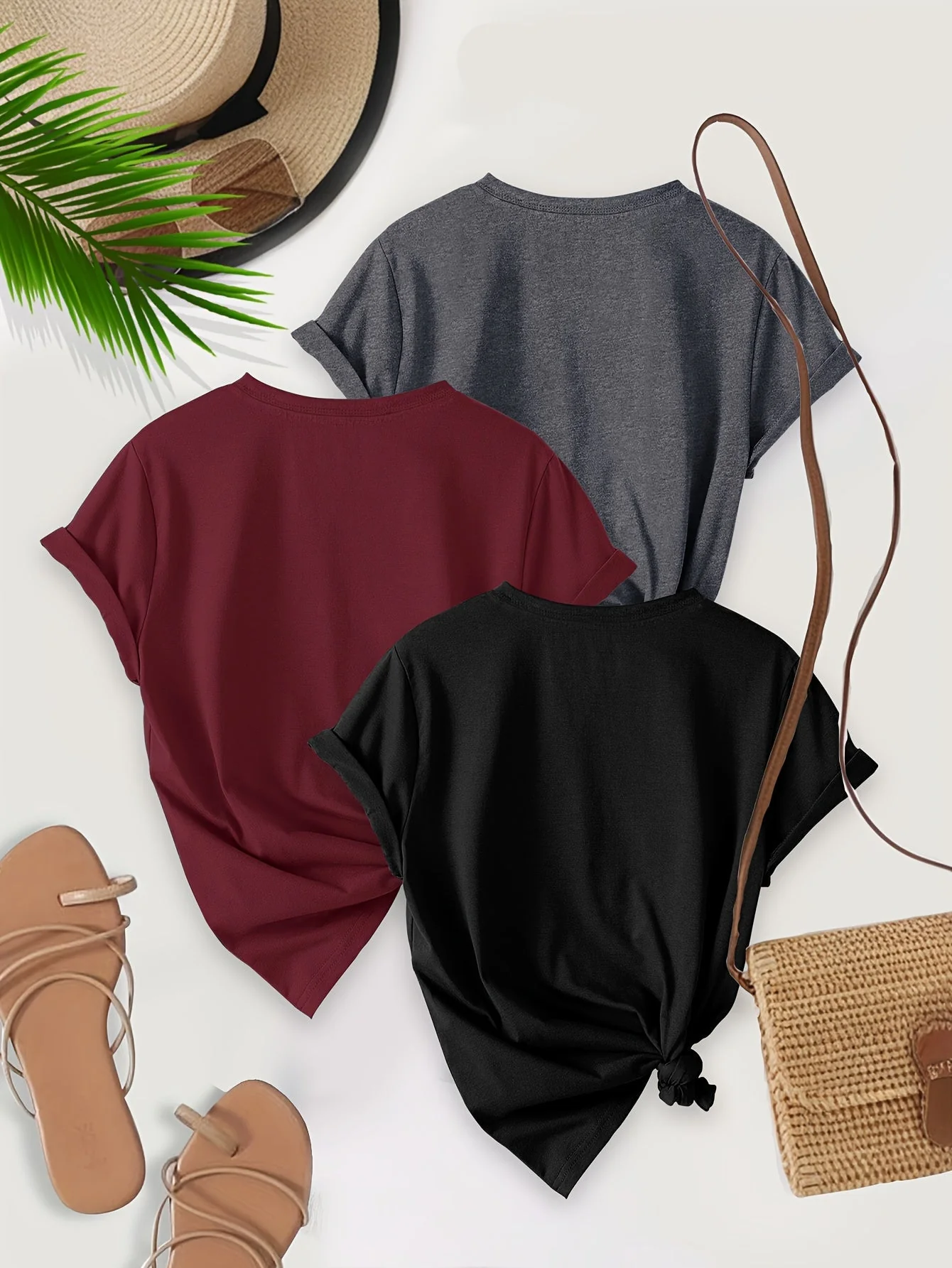Damen Basic T-Shirt 3er-Pack – Lässige Crew-Neck Shirts mit Knoten-Detail, Kurzarm, Alltag & Freizeit - Image 2