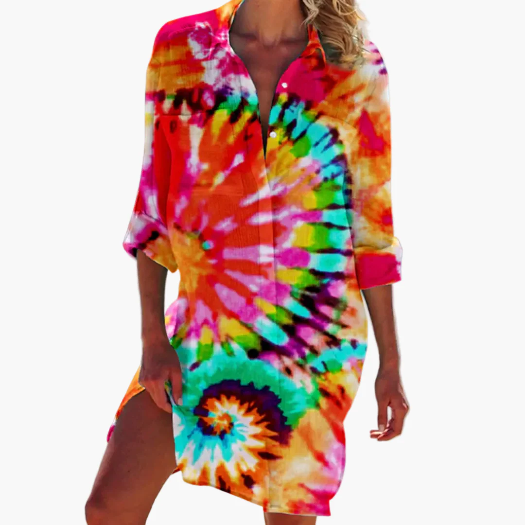 Damen Batik Hemdblusenkleid – Sommer Freizeitkleid für Strand & Urlaub