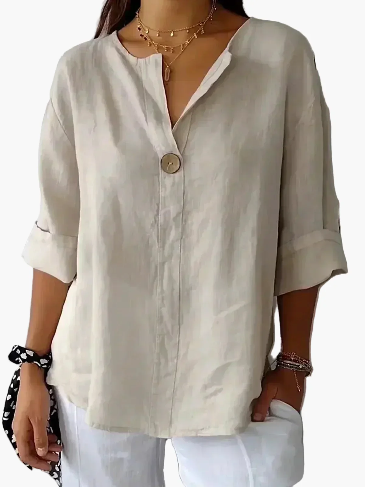 Damen Bluse Casual Relaxed Fit mit V-Ausschnitt und Knopf – Perfekt für Alltag & Freizeit
