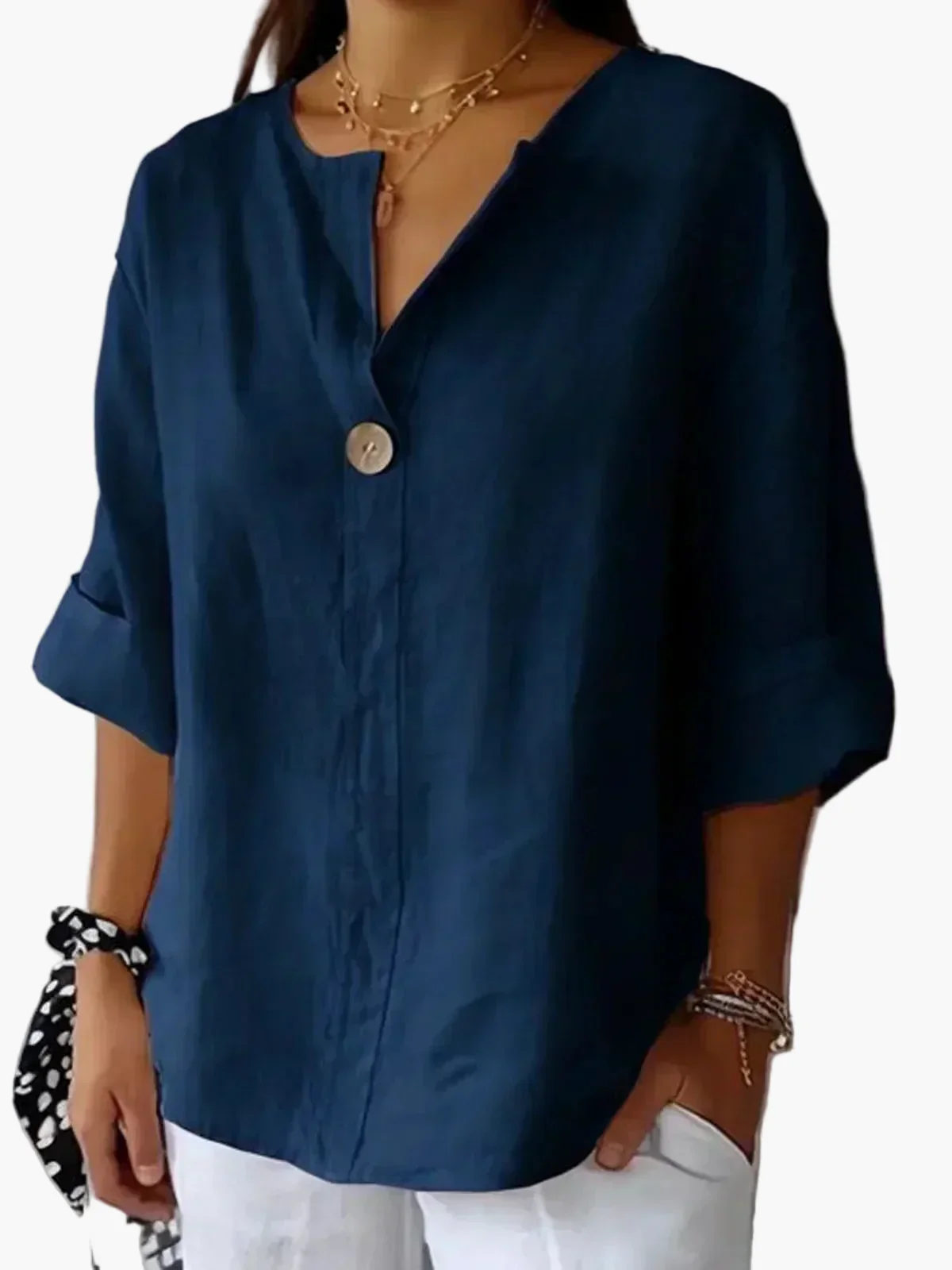 Damen Bluse Casual Relaxed Fit mit V-Ausschnitt und Knopf – Perfekt für Alltag & Freizeit - Image 2
