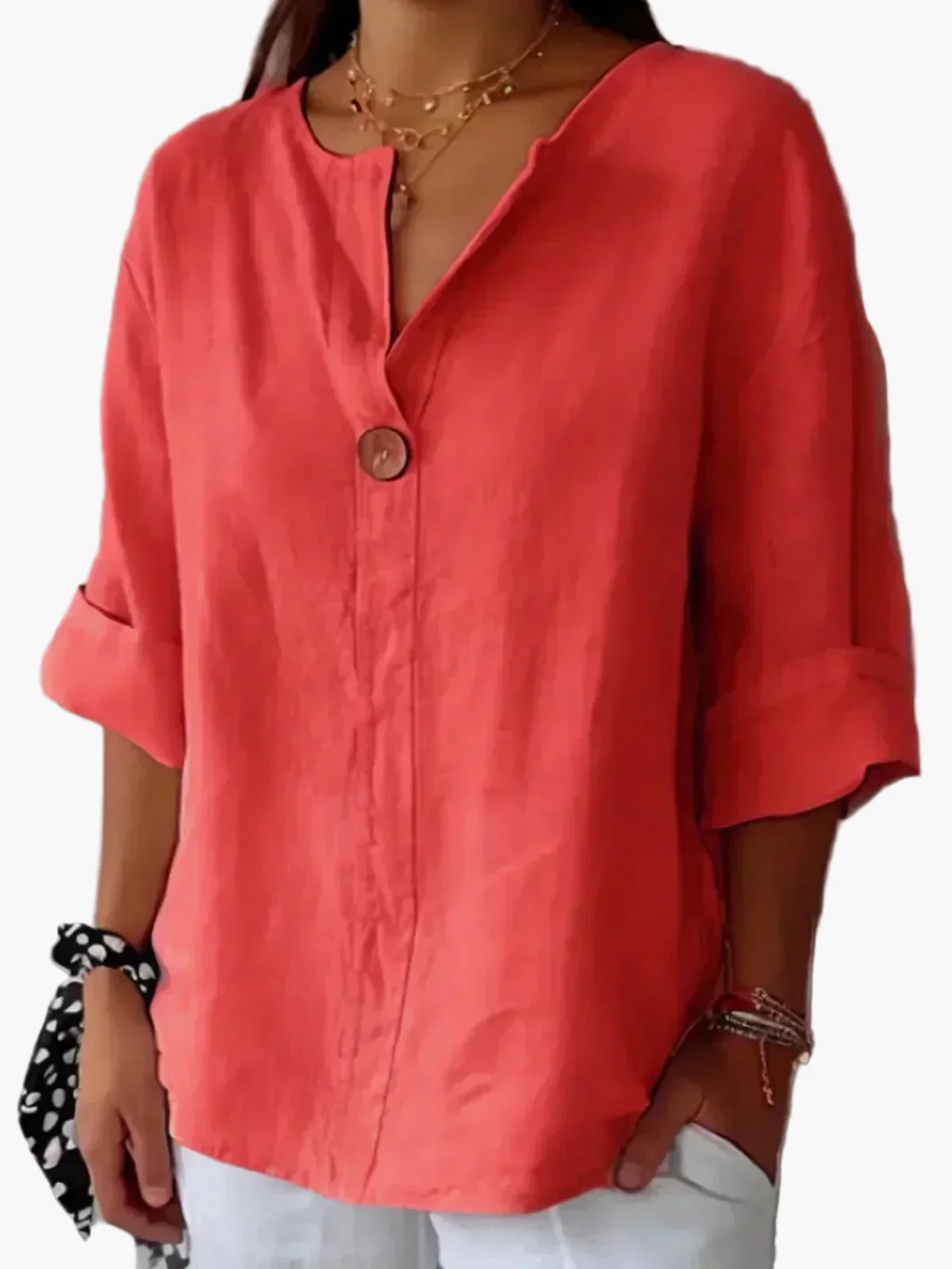 Damen Bluse Casual Relaxed Fit mit V-Ausschnitt und Knopf – Perfekt für Alltag & Freizeit - Image 3