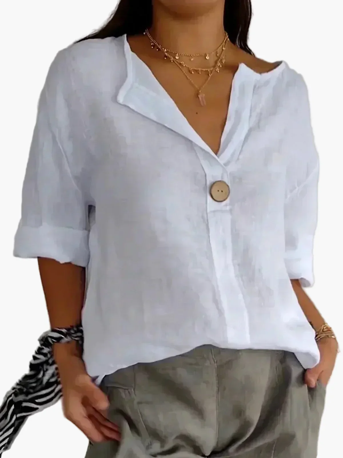 Damen Bluse Casual Relaxed Fit mit V-Ausschnitt und Knopf – Perfekt für Alltag & Freizeit - Image 4