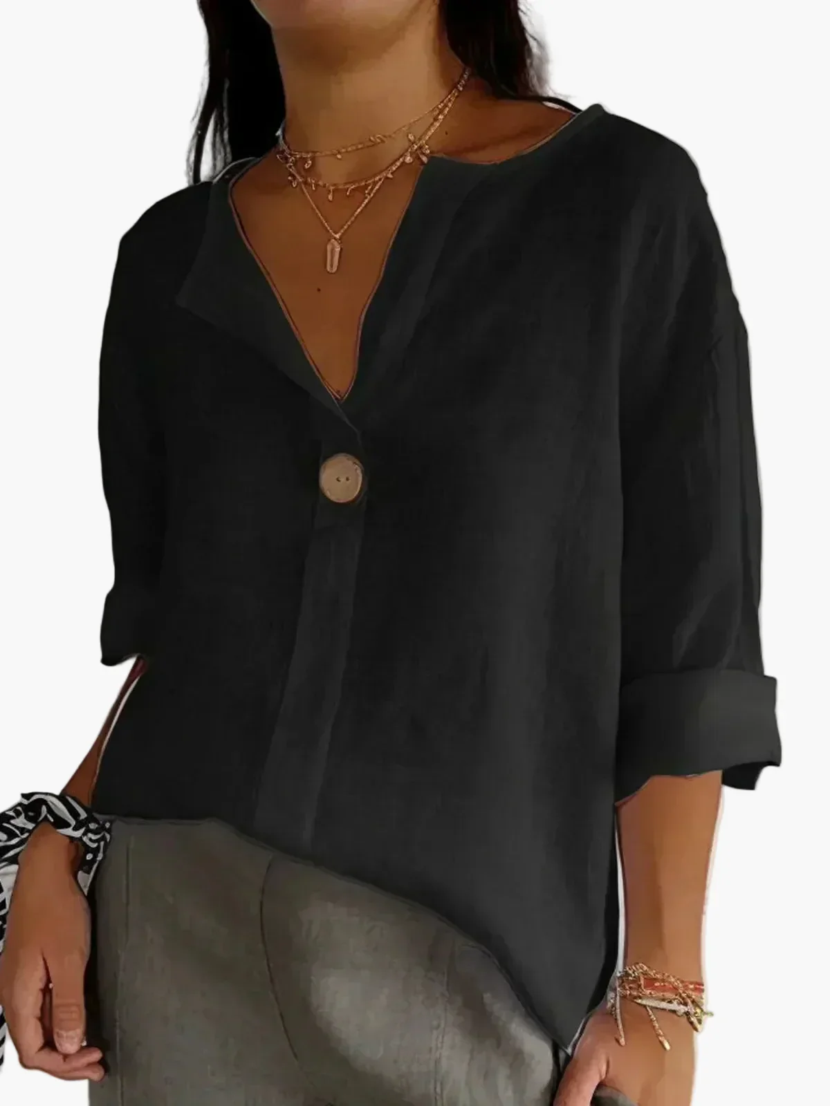 Damen Bluse Casual Relaxed Fit mit V-Ausschnitt und Knopf – Perfekt für Alltag & Freizeit - Image 5