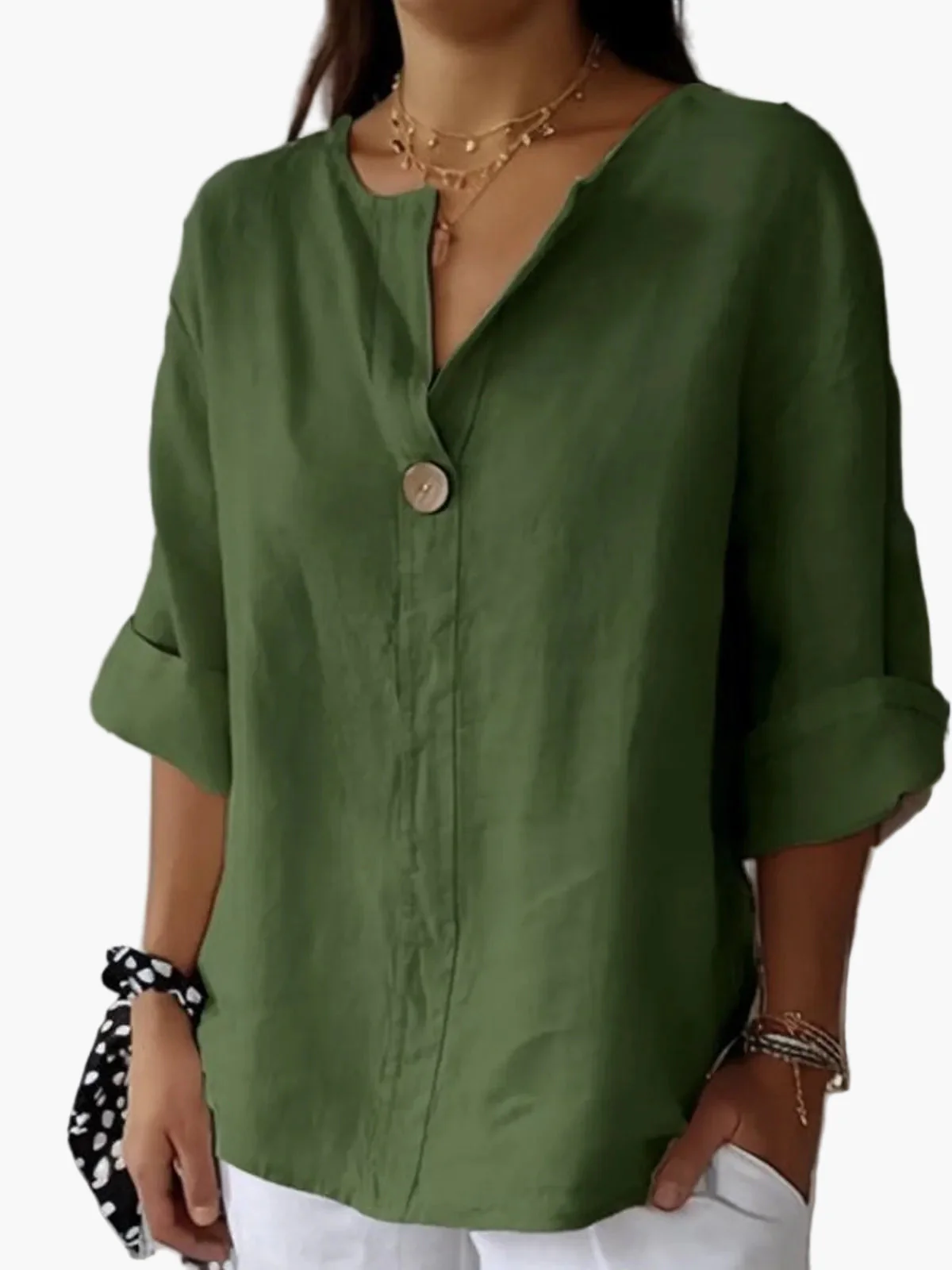 Damen Bluse Casual Relaxed Fit mit V-Ausschnitt und Knopf – Perfekt für Alltag & Freizeit - Image 6