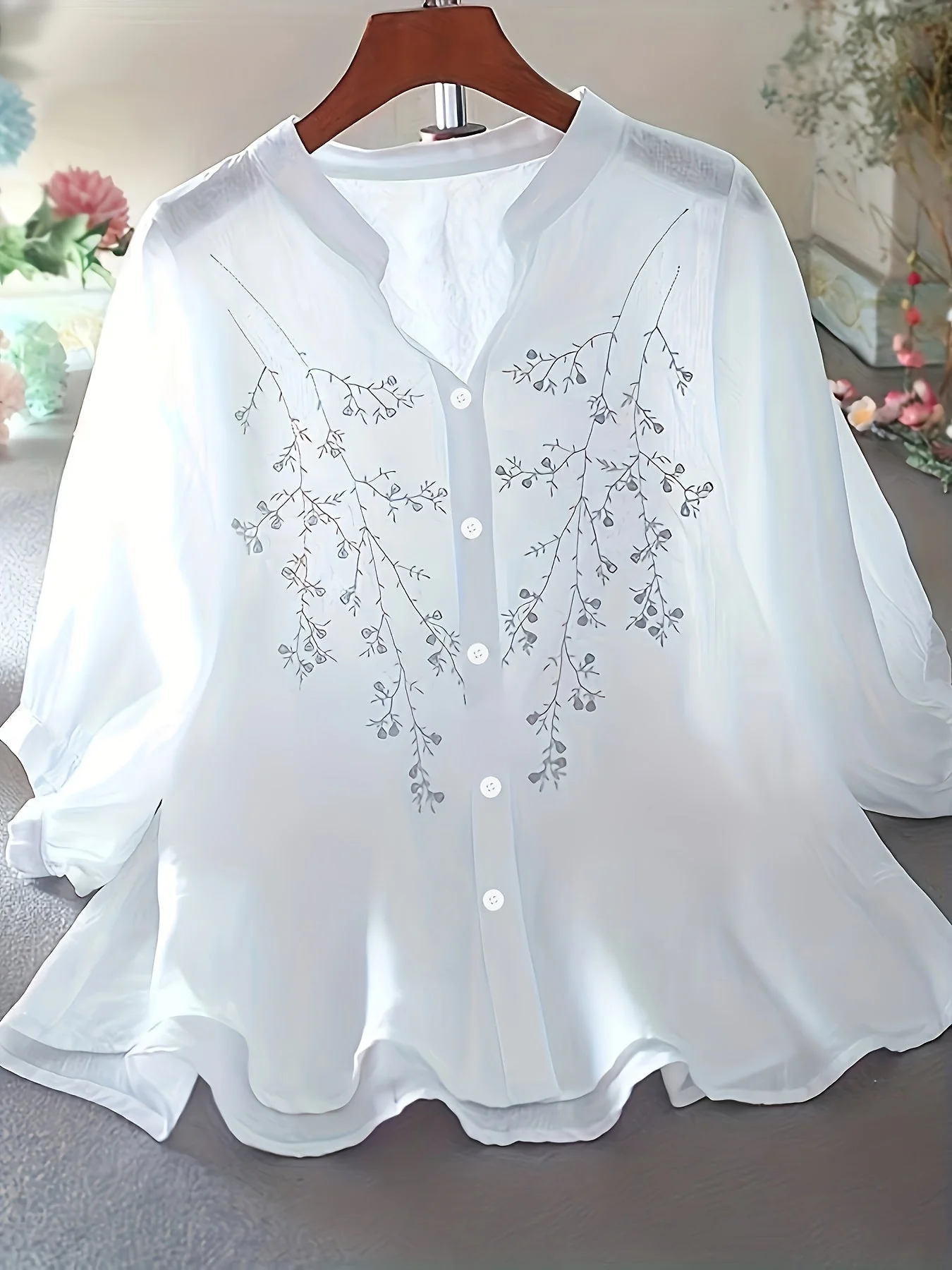 Damen Bluse Elegant Bestickt Sommer Halbtransparent mit Stehkragen – Freizeit & Büro