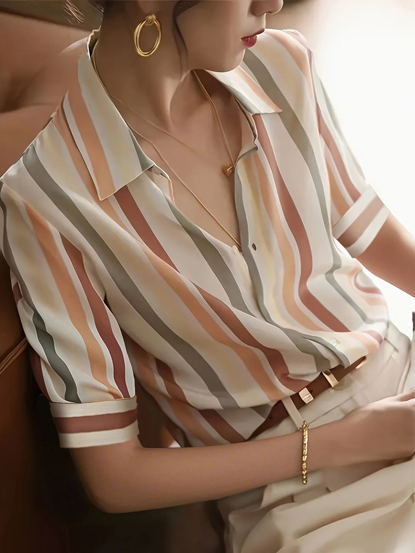Damen Bluse Elegant Gestreift Kurzarm Büro Freizeit Stil