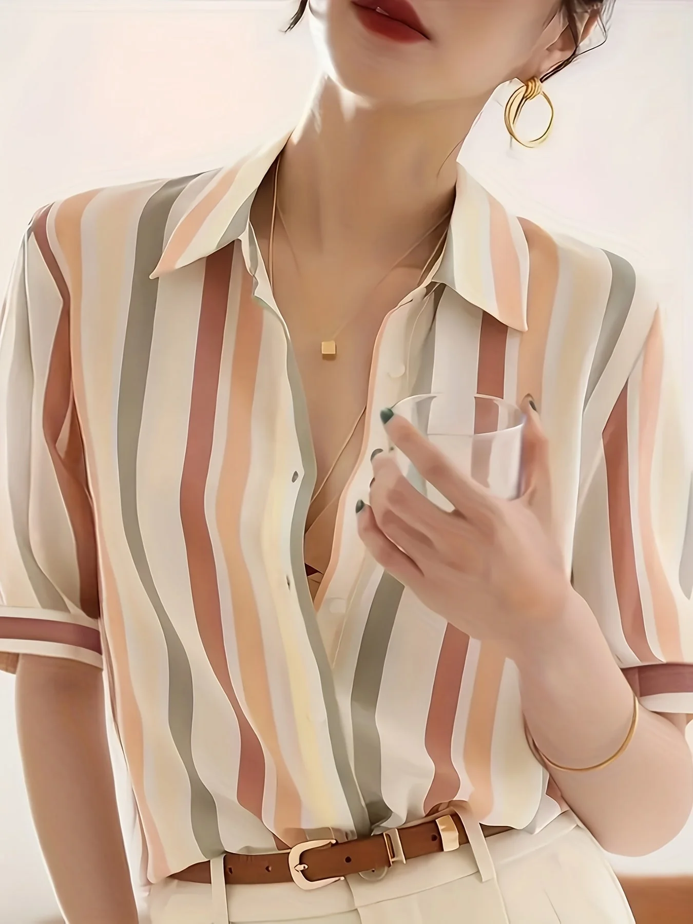 Damen Bluse Elegant Gestreift Kurzarm Büro Freizeit Stil - Image 3